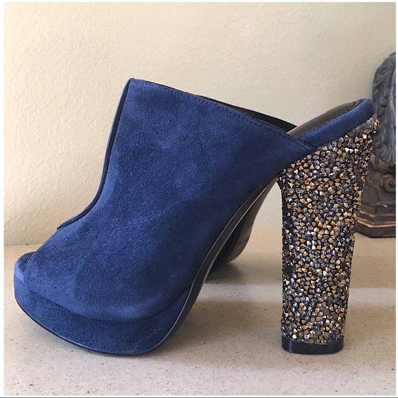 Anthropologie Shoes - TRACY REESE BLUE SUEDE CRYSTAL HEELED MULES